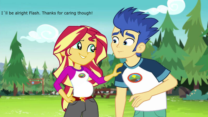 Size: 1280x720 | Tagged: safe, derpibooru import, edit, edited screencap, screencap, flash sentry, sunset shimmer, comic:a new change, fanfic, equestria girls, legend of everfree, camp everfree outfits, clothes, female, flashimmer, flower, hand on hip, male, pregnant, pregnant edit, rock, shipping, shorts, straight, sun, table, teen pregnancy, tree