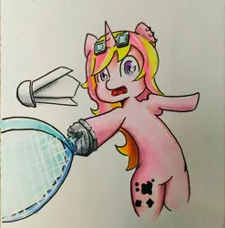 Size: 1584x1602 | Tagged: safe, artist:mr.candy_owo, derpibooru import, oc, oc:evil, unofficial characters only, pony, badminton, marker drawing, racket, shuttlecock, simple background, traditional art, white background