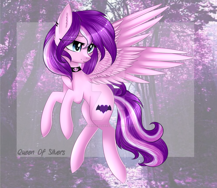 Size: 1023x887 | Tagged: safe, artist:queenofsilvers, derpibooru import, oc, oc:violet rose, unofficial characters only, pegasus, pony, commission, female, mare, smiling, solo, spread wings, watermark, wings