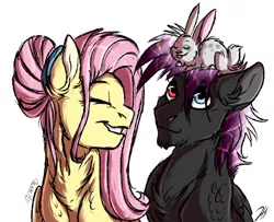 Size: 800x650 | Tagged: safe, artist:shimazun, derpibooru import, fluttershy, oc, oc:hurricane, pegasus, pony, rabbit, eyes closed, female, heterochromia, male, mare, mother and son, next generation, offspring, parent:fluttershy, parent:king sombra, parents:sombrashy, simple background, smiling, stallion