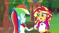 Size: 300x168 | Tagged: safe, derpibooru import, edit, edited screencap, screencap, rainbow dash, sunset shimmer, comic:a new change, fanfic, equestria girls, legend of everfree, camp everfree outfits, pregnant, pregnant edit, teen pregnancy, upset