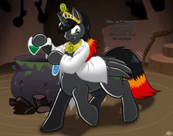 Size: 1280x1011 | Tagged: safe, artist:catmonkshiro, derpibooru import, oc, oc:cave, unofficial characters only, alicorn, pony, taur, alicorn oc, androgynous, arm hooves, pegataur, ponytaur, potion, red and black oc, solo, transformation