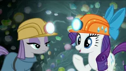 Size: 1920x1080 | Tagged: safe, derpibooru import, screencap, maud pie, rarity, earth pony, pony, rock solid friendship, bow, discovery family logo, duo, gem, gem cave, hard hat, hat, helmet, mining helmet