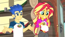 Size: 298x169 | Tagged: safe, derpibooru import, edit, edited screencap, screencap, flash sentry, sunset shimmer, comic:a new change, fanfic, equestria girls, legend of everfree, camp everfree outfits, female, flashimmer, male, pregnant, pregnant edit, shipping, straight, teen pregnancy