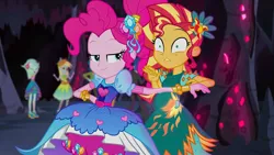 Size: 1280x720 | Tagged: safe, derpibooru import, edit, edited screencap, screencap, pinkie pie, sunset shimmer, comic:a new change, fanfic, equestria girls, legend of everfree, spoiler:legend of everfree bloopers, crystal gala, pregnant, pregnant edit, teen pregnancy