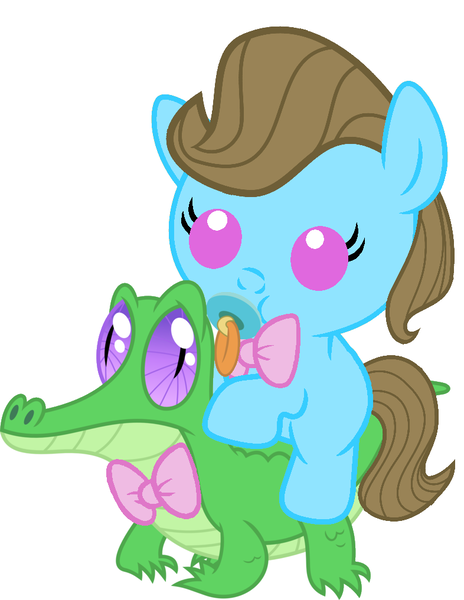 Size: 786x1017 | Tagged: safe, artist:red4567, derpibooru import, beauty brass, gummy, pony, baby, baby pony, cute, pacifier, ponies riding gators, riding