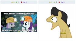 Size: 857x467 | Tagged: safe, derpibooru import, screencap, cherry cola, cherry fizzy, maud pie, rarity, pony, derpibooru, rock solid friendship, discovery family logo, juxtaposition, juxtaposition win, meme, meta