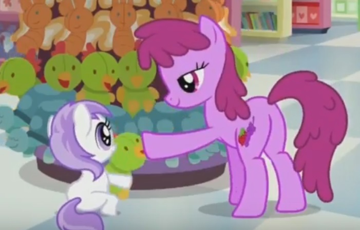 Size: 701x449 | Tagged: safe, derpibooru import, screencap, berry punch, berryshine, titania, pony, a flurry of emotions, shopping, store, toy