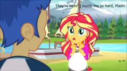 Size: 300x168 | Tagged: safe, derpibooru import, edit, edited screencap, screencap, flash sentry, sunset shimmer, comic:a new change, fanfic, equestria girls, legend of everfree, bad edit, female, flashimmer, male, pregnant, pregnant edit, shipping, straight, teen pregnancy