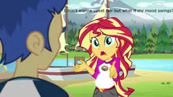 Size: 300x168 | Tagged: safe, derpibooru import, edit, edited screencap, screencap, flash sentry, sunset shimmer, comic:a new change, equestria girls, legend of everfree, camp everfree outfits, clothes, female, flashimmer, male, mountain, picture for breezies, pregnant, pregnant edit, river, sailboat, shipping, shorts, straight, sun, tree