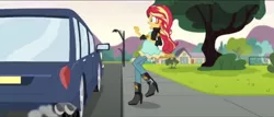 Size: 1023x439 | Tagged: safe, derpibooru import, edit, edited screencap, screencap, sunset shimmer, comic:a new change, equestria girls, friendship games, boots, car, clothes, fence, high heel boots, jacket, leather jacket, mountain, pregnant, pregnant edit, raised leg, sidewalk, tree