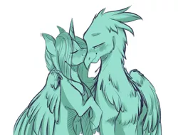 Size: 1250x950 | Tagged: safe, artist:yuyusunshine, derpibooru import, oc, oc:aphrodelia, oc:hades, unofficial characters only, gryphon, pony, unicorn, female, hug, interspecies, kissing, male, mare, monochrome, shipping, straight, winghug