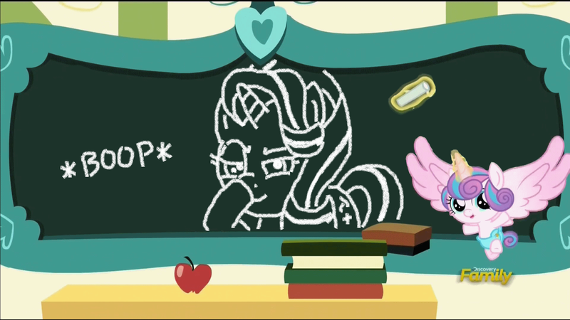 Size: 1920x1080 | Tagged: safe, derpibooru import, edit, edited screencap, screencap, princess flurry heart, starlight glimmer, pony, a flurry of emotions, boop, chalkboard, discovery family logo, exploitable meme, flurry art, flurry heart's chalkboard, glimmerposting, meme, princess flurry smart, self-boop, solo