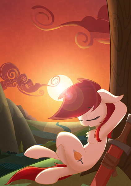 Size: 2480x3507 | Tagged: safe, artist:l8lhh8086, derpibooru import, oc, unofficial characters only, earth pony, pony, armpits, crossed legs, drool, eyes closed, female, floppy ears, mare, sleeping, solo, sun, sunset, sword, tree, under the tree, weapon