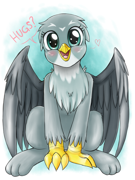 Size: 1725x2300 | Tagged: safe, artist:evomanaphy, derpibooru import, gabby, gryphon, beak, blushing, bronybait, cute, female, gabbybetes, heart, hug request, image, looking at you, open beak, open mouth, open smile, patreon reward, png, simple background, sitting, sketch, solo, spread wings, wings