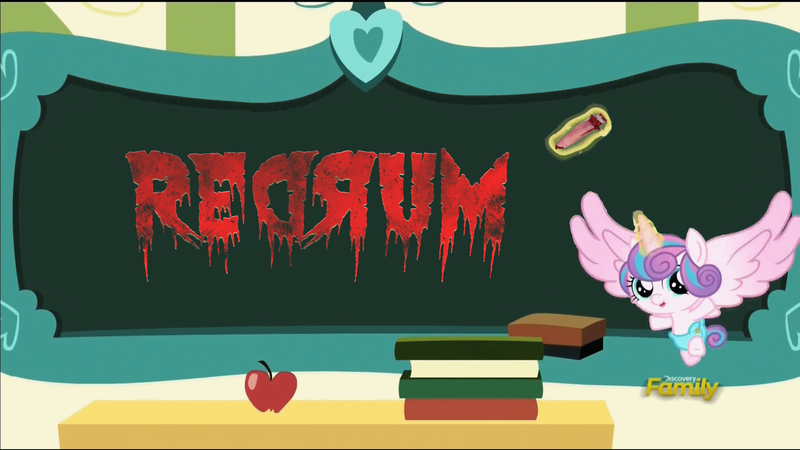 Size: 1920x1080 | Tagged: semi-grimdark, derpibooru import, edit, edited screencap, screencap, princess flurry heart, pony, a flurry of emotions, chalkboard, discovery family logo, exploitable meme, flurry art, flurry heart's chalkboard, meme, solo, the shining