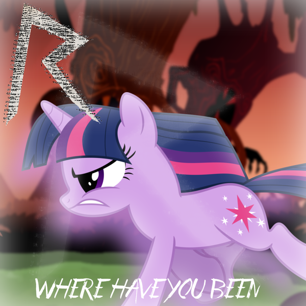 Size: 800x800 | Tagged: safe, artist:chainchomp2, artist:penguinsn1fan, derpibooru import, edit, twilight sparkle, pony, cover, female, image, mare, parody, png, rihanna, running, solo, where have you been?