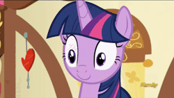 Size: 400x225 | Tagged: safe, derpibooru import, edit, edited screencap, screencap, starlight glimmer, twilight sparkle, twilight sparkle (alicorn), alicorn, pony, a flurry of emotions, animated, discovery family logo, equal sign, floppy ears, gif, stamp, stamp of forgiveness, sugarcube corner