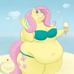 Size: 2500x2500 | Tagged: anthro, artist:lupin quill, bbw, beach, belly, belly button, big belly, blushing, breasts, busty fluttershy, chubby cheeks, clothes, derpibooru import, double chin, fat, fattershy, female, fluttershy, food, hair over one eye, ice cream, muffin top, obese, sandcastle, solo, solo female, suggestive, swimsuit, thunder thighs, tight clothing, waving, wide hips