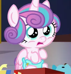 Size: 420x440 | Tagged: safe, derpibooru import, screencap, princess flurry heart, alicorn, pony, a flurry of emotions, baby, baby pony, cloth diaper, diaper, female, present, safety pin, shocked expression, solo, toy