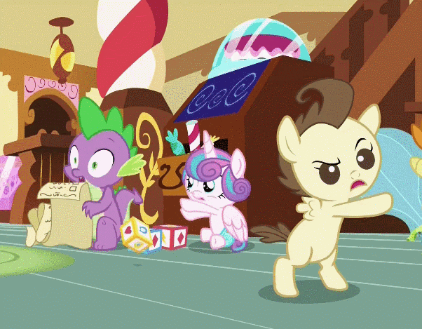 Size: 602x469 | Tagged: a flurry of emotions, alicorn, baby ponies, derpibooru import, diaper, dragon, female, gif, male, non-animated gif, pound cake, princess flurry heart, pumpkin cake, safe, screencap, spike, toy