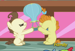 Size: 744x508 | Tagged: safe, derpibooru import, screencap, pound cake, pumpkin cake, pony, a flurry of emotions, animated, fight, gif, hot air balloon, toy, tug of war