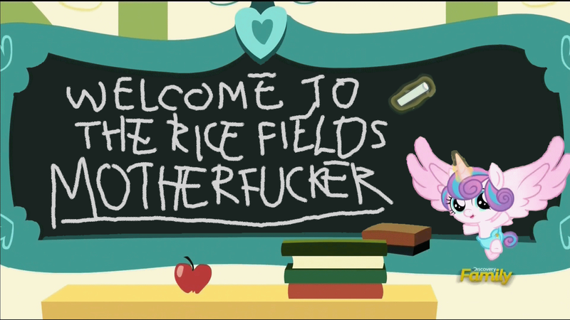 Size: 1280x720 | Tagged: safe, derpibooru import, edit, edited screencap, screencap, princess flurry heart, pony, a flurry of emotions, apple, book, chalk, chalkboard, dank memes, discovery family logo, exploitable meme, female, filly, filthy frank, flurry art, flurry heart's chalkboard, food, magic, meme, shitposting, solo, vulgar, welcome to the rice fields