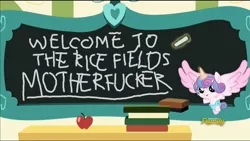 Size: 1280x720 | Tagged: safe, derpibooru import, edit, edited screencap, screencap, princess flurry heart, pony, a flurry of emotions, apple, book, chalk, chalkboard, dank memes, discovery family logo, exploitable meme, female, filly, filthy frank, flurry art, flurry heart's chalkboard, food, magic, meme, shitposting, solo, vulgar, welcome to the rice fields