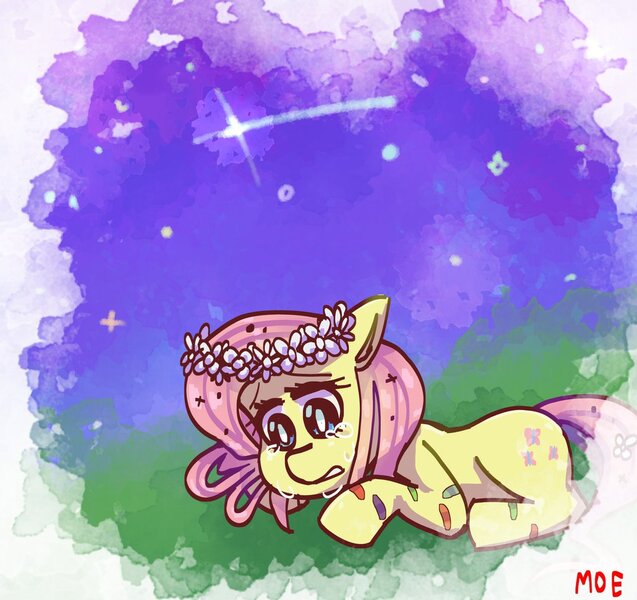 Size: 1024x964 | Tagged: safe, artist:moenii-san, derpibooru import, fluttershy, pony, bandaid, crying, floral head wreath, flower, looking down, night, prone, sad, shooting star, solo, teary eyes, wingless