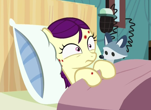 Size: 601x441 | Tagged: safe, derpibooru import, screencap, boysenberry, pony, a flurry of emotions, cute, female, filly, horsey hives, plushie, ponyville hospital, sick, solo