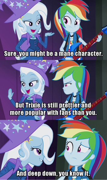 Size: 611x1024 | Tagged: safe, derpibooru import, rainbow dash, trixie, equestria girls, rainbow rocks, caption, dialogue, image macro, meme, screencap comic, trixie yells at everything