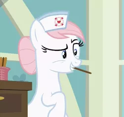 Size: 414x393 | Tagged: safe, derpibooru import, screencap, nurse redheart, pony, a flurry of emotions, raised eyebrow, solo, tongue depressor