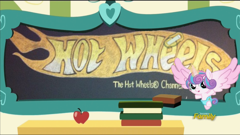 Size: 1280x720 | Tagged: safe, derpibooru import, edit, edited screencap, screencap, princess flurry heart, pony, a flurry of emotions, apple, baby, book, chalk, chalkboard, discovery family logo, drawing, female, flurry art, flurry heart's chalkboard, food, hot wheels, logo, magic, meme, solo