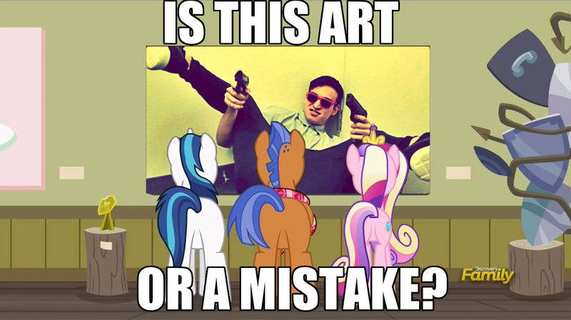 Size: 1563x878 | Tagged: safe, derpibooru import, edit, edited screencap, screencap, princess cadance, shining armor, spearhead, pony, a flurry of emotions, a thousand nights in a hallway, art or a mistake, exploitable meme, filthy frank, gun, image macro, meme, weapon