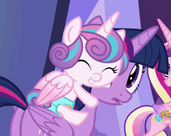 Size: 627x500 | Tagged: safe, derpibooru import, screencap, princess cadance, princess flurry heart, twilight sparkle, twilight sparkle (alicorn), alicorn, pony, a flurry of emotions, animated, auntie twilight, cloth diaper, cropped, cute, diaper, flurrybetes, gif, hug, nuzzling, ponies riding ponies, safety pin, twilight's castle