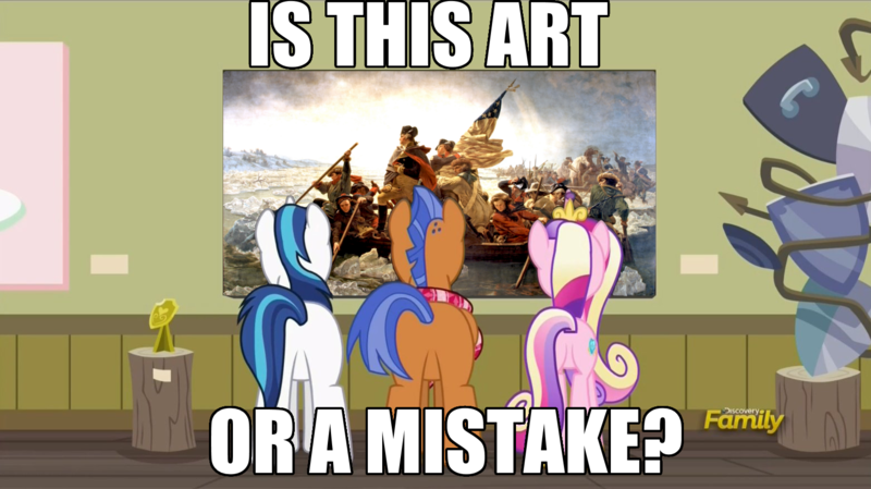 Size: 1563x878 | Tagged: safe, derpibooru import, edit, edited screencap, screencap, princess cadance, shining armor, spearhead, pony, a flurry of emotions, a thousand nights in a hallway, art or a mistake, exploitable meme, george washington, image macro, meme, washington crossing the delaware