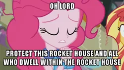 Size: 600x338 | Tagged: safe, derpibooru import, edit, edited screencap, screencap, pinkie pie, sunset shimmer, equestria girls, friendship games, bracelet, image macro, jewelry, meme, necktie, pinkie pie praying, quote, the simpsons