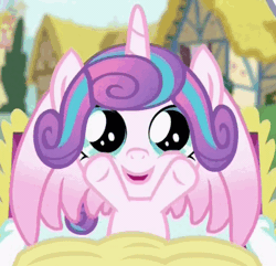 Size: 474x456 | Tagged: safe, derpibooru import, screencap, princess flurry heart, alicorn, pony, a flurry of emotions, animated, cooing, cute, female, female pov, flurrybetes, foal, gif, giggling, happy, hoofy-kicks, looking at you, loop, open mouth, smiling, spread wings, waving, wings
