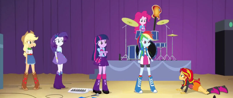 Size: 1096x463 | Tagged: safe, derpibooru import, edit, edited screencap, screencap, applejack, pinkie pie, rainbow dash, rarity, sunset shimmer, twilight sparkle, comic:a new change, equestria girls, rainbow rocks, bass guitar, boots, bowtie, bracelet, clothes, compression shorts, cowboy boots, cowboy hat, cymbals, denim skirt, drum kit, drums, guitar, hat, high heel boots, jacket, jewelry, keytar, leather jacket, leg warmers, microphone, musical instrument, pregnant, pregnant edit, shoes, skirt, socks, stetson, wristband