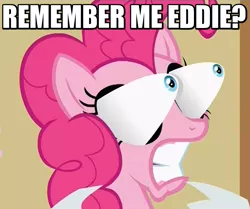 Size: 829x693 | Tagged: safe, derpibooru import, screencap, pinkie pie, pony, a flurry of emotions, christopher lloyd, eye bulging, eye popping, grammar error, image macro, judge doom, meme, pinkie being pinkie, pinkie physics, solo, who framed roger rabbit, wild take