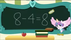 Size: 1280x720 | Tagged: safe, derpibooru import, edit, edited screencap, screencap, princess flurry heart, pony, a flurry of emotions, chalkboard, discovery family logo, exploitable meme, fancy mathematics, flurry art, flurry heart's chalkboard, jeffy, math, meme, solo, supermariologan, wrong answer