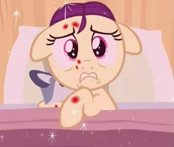 Size: 747x631 | Tagged: safe, derpibooru import, screencap, boysenberry, pony, a flurry of emotions, cute, female, filly, floppy ears, horsey hives, plushie, scared, solo