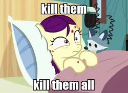 Size: 601x441 | Tagged: safe, derpibooru import, edit, edited screencap, screencap, boysenberry, pony, a flurry of emotions, cute, female, filly, horsey hives, image macro, meme, plushie, ponyville hospital, sick, solo