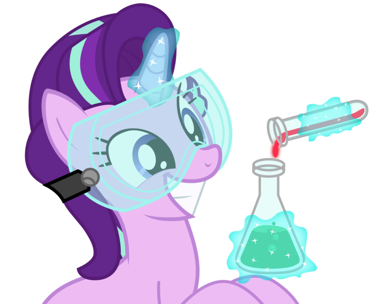 Size: 2556x2102 | Tagged: safe, artist:sonofaskywalker, derpibooru import, starlight glimmer, pony, unicorn, celestial advice, beaker, cute, female, flask, glimmerbetes, goggles, grin, happy, levitation, liquid, magic, mare, safety goggles, science, simple background, smiling, solo, squee, telekinesis, test tube, this will end in science, transparent background, vector