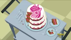 Size: 1382x777 | Tagged: safe, derpibooru import, edit, edited screencap, screencap, shining armor, pony, a flurry of emotions, apology cake, cake, discovery family logo, food, fork, meme, plate, twily face