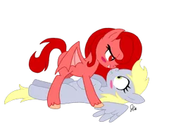 Size: 900x685 | Tagged: suggestive, artist:panda-jenn, derpibooru import, derpy hooves, oc, pegasus, pony, blush sticker, blushing, canon x oc, derpyxspicy, eye contact, female, lesbian, looking at each other, mare, on back, scrunchy face, simple background, spicydemon, transparent background