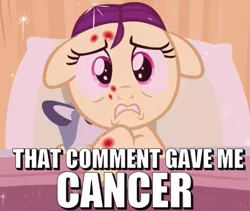 Size: 747x631 | Tagged: a flurry of emotions, boysenberry, cute, derpibooru import, edit, edited screencap, female, filly, floppy ears, horsey hives, image macro, meme, plushie, safe, scared, screencap, solo, text