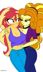 Size: 1141x1920 | Tagged: suggestive, artist:cbear624, derpibooru import, adagio dazzle, sunset shimmer, equestria girls, rainbow rocks, belly button, big breasts, blushing, breasts, busty sunset shimmer, cleavage, clothes, female, lesbian, looking at each other, midriff, pants, shipping, simple background, sunsagio, tanktop