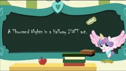 Size: 1280x720 | Tagged: safe, derpibooru import, edit, edited screencap, screencap, princess flurry heart, pony, a flurry of emotions, a thousand nights in a hallway, diaper, discovery family logo, flurry art, flurry heart's chalkboard, funny because it's true, harsh truth, killjoy, meme, savage, solo, the emperor has no clothes, truth