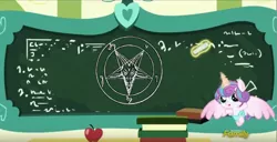 Size: 1068x546 | Tagged: safe, derpibooru import, edit, edited screencap, screencap, princess flurry heart, alicorn, goat, pony, a flurry of emotions, apple, baphomet, book, chalk, chalkboard, circle, diaper, discovery family logo, flurry art, flurry heart's chalkboard, food, levitation, magic, meme, pentagram, satanic, satanic ritual, solo, telekinesis